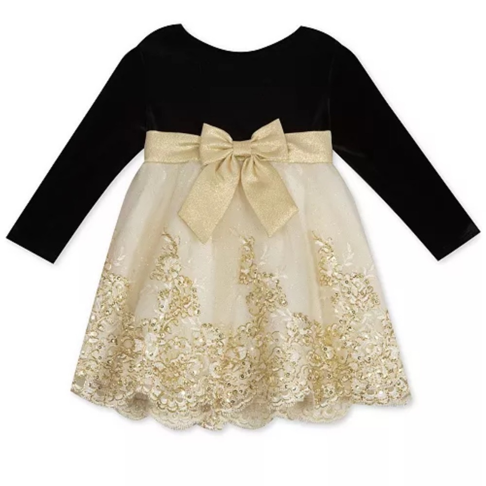 Rare Editions Black and Gold Velvet Long Sleeve Dress